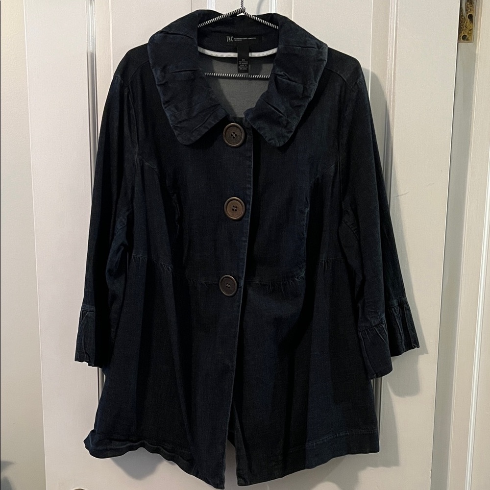 INC International Concepts Dark Blue Jean Jacket with Ruffle Collar